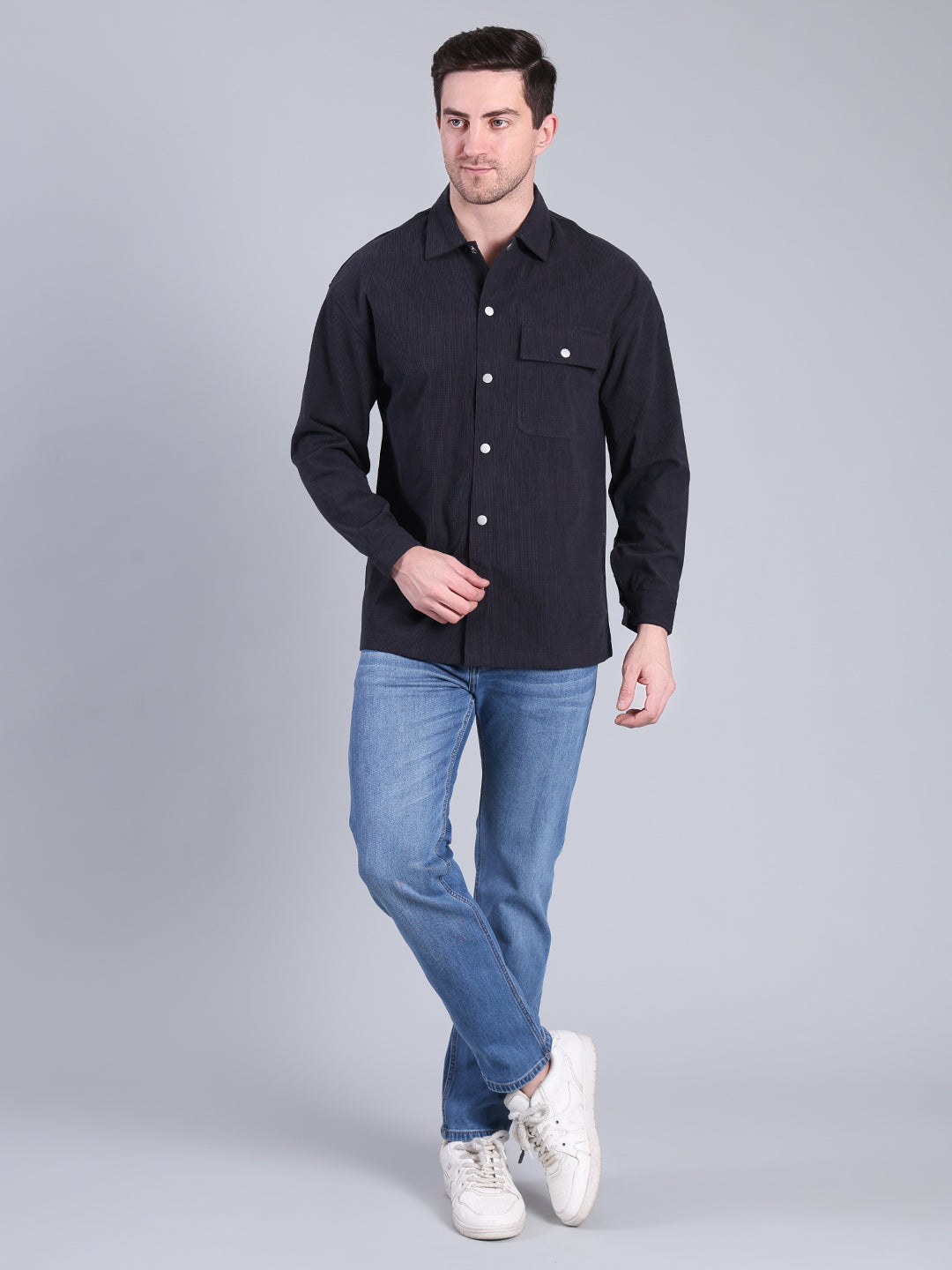 Stylox Men’s Textured Winter Shacket with Snap Button Closure (Navy)
