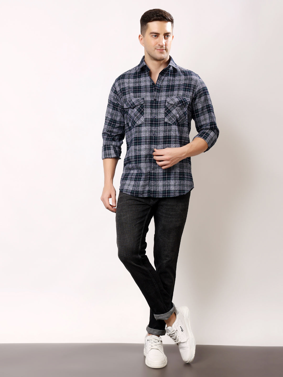 Stylox Men’s Regular Fit Full Sleeve Check Shirt with Double Flap Pockets | Cotton Casual Checkered Shirt