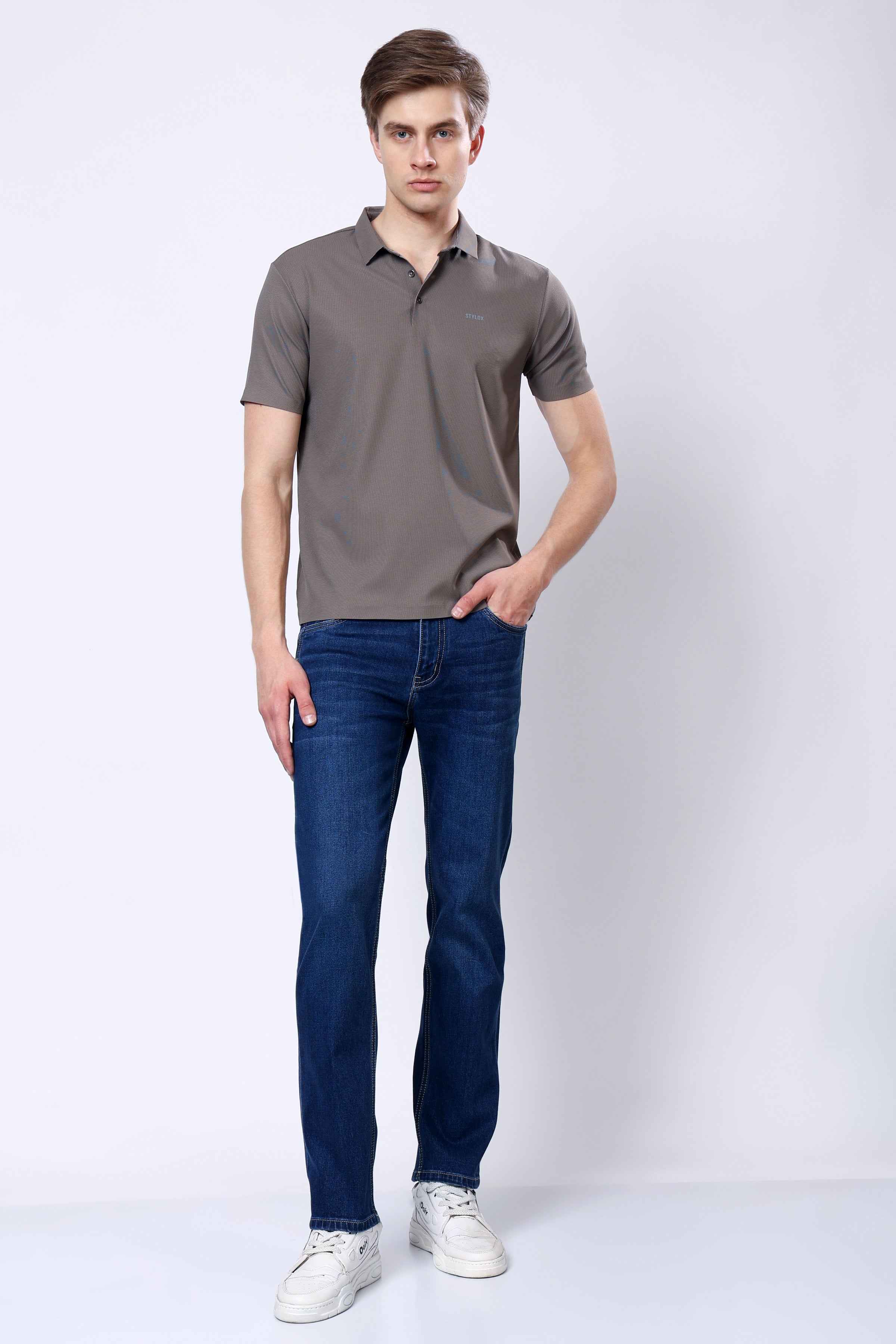 Stylox Men’s Mid-Rise Comfort Fit Stretchable Mid Dark Blue Denim Jeans - Stylox