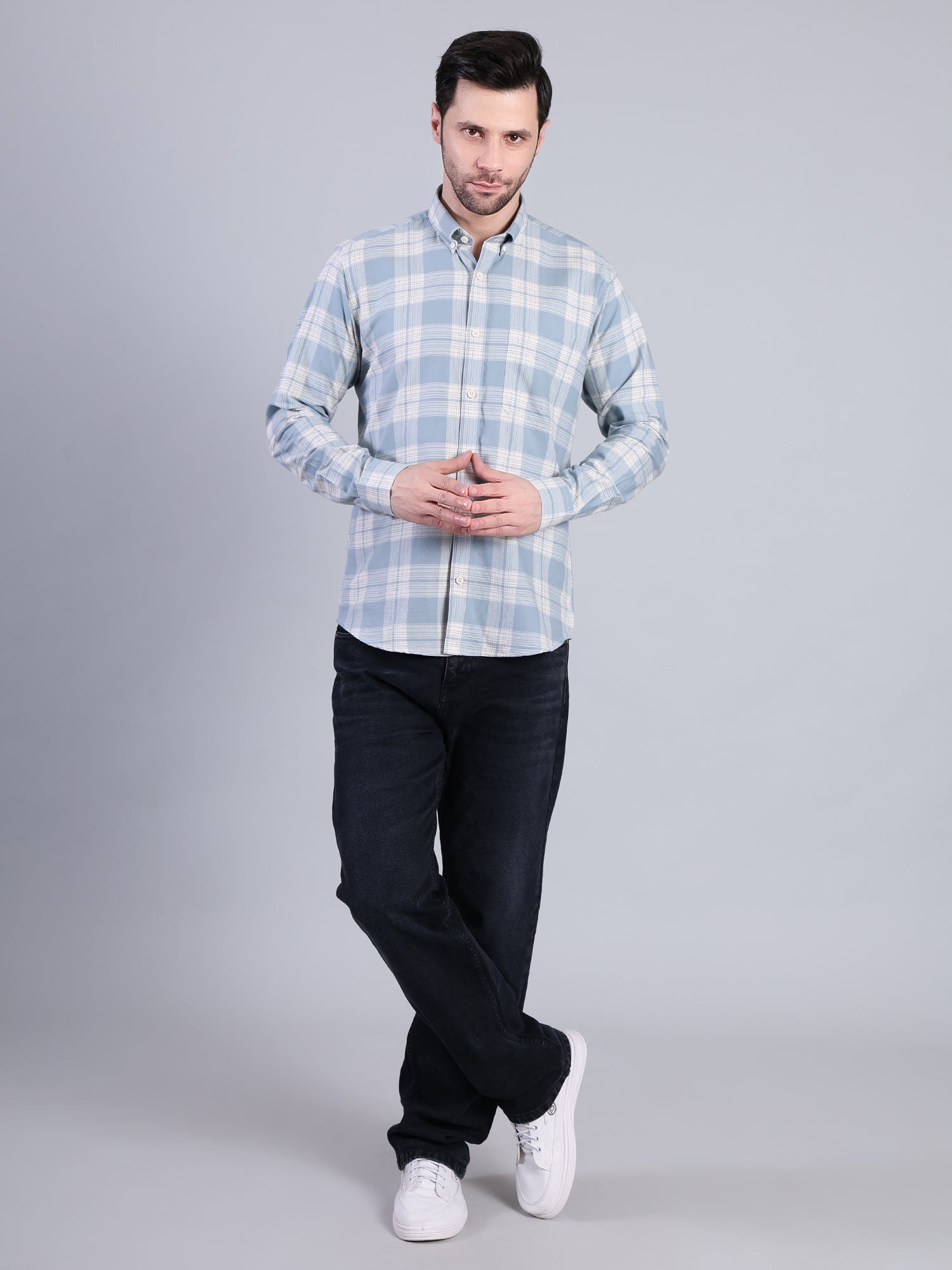 Stylox Men’s Checkered Full Sleeve Casual Shirt-Light Blue - Stylox