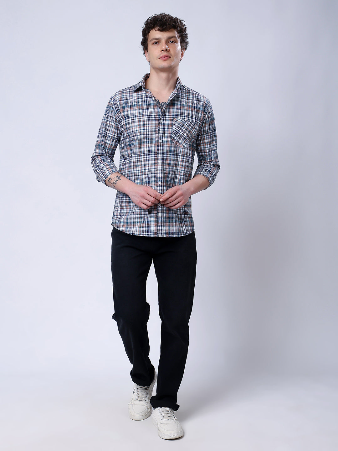 Stylox Men’s Regular Fit Full Sleeve Casual Check Shirt–Grey &amp; Brown - Stylox