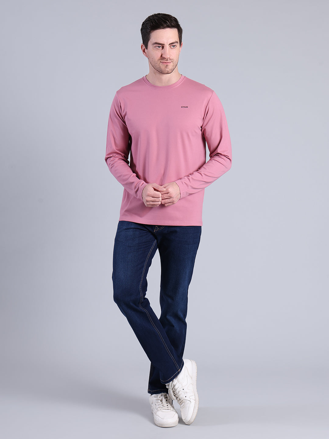 Stylox Men’s Full Sleeve Round Neck T-Shirt | Solid Slim Fit Cotton Blend Casual Tee