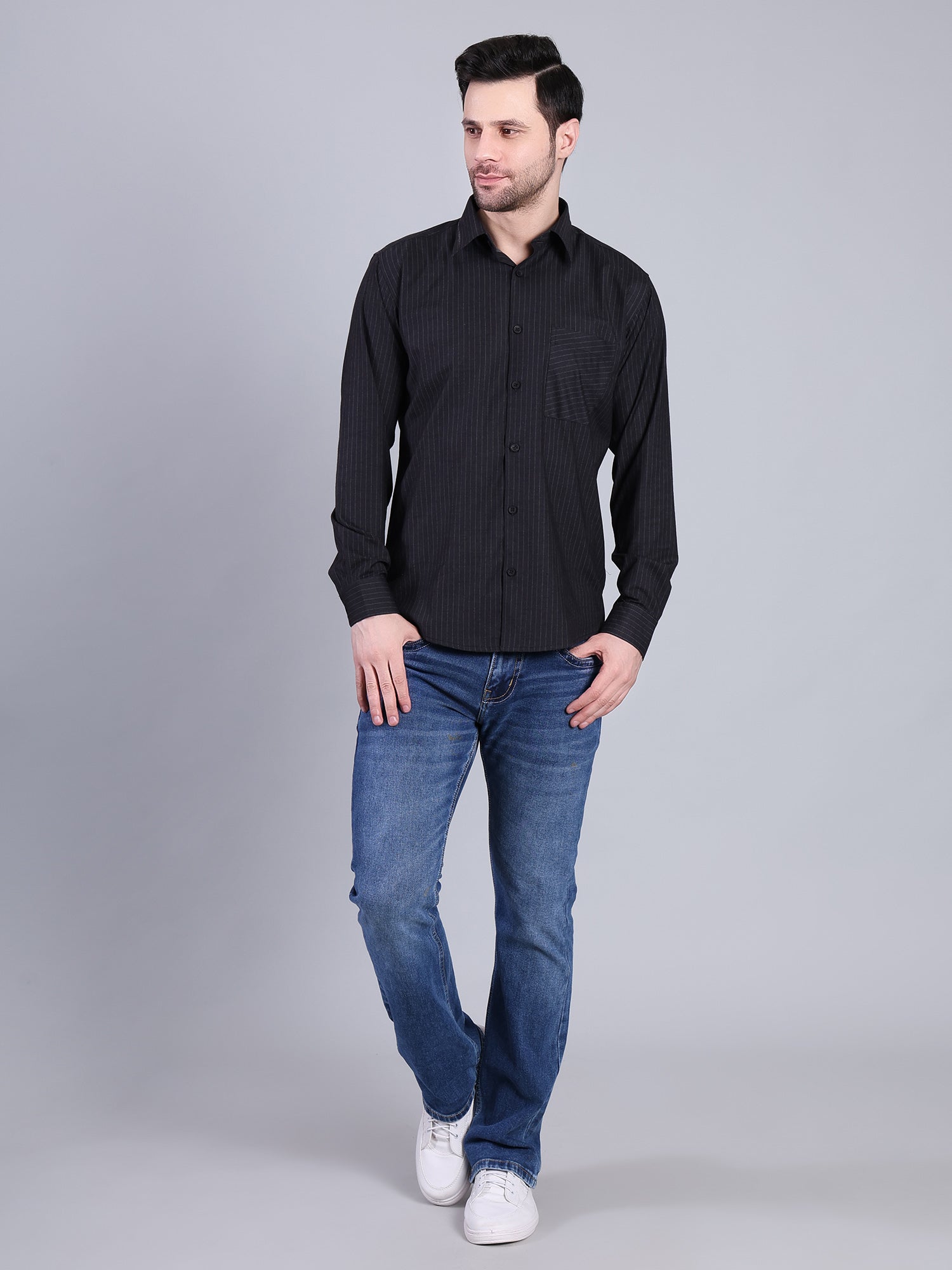 Stylox Men’s Regular Fit Vertical Striped Full Sleeve Casual Shirt-Black - Stylox