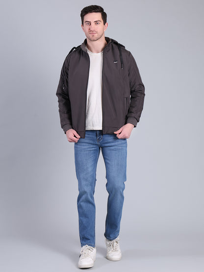 Stylox Men’s Solid Hooded Winter Jacket | Full Sleeve Zip-Up Casual Jacket with Pockets