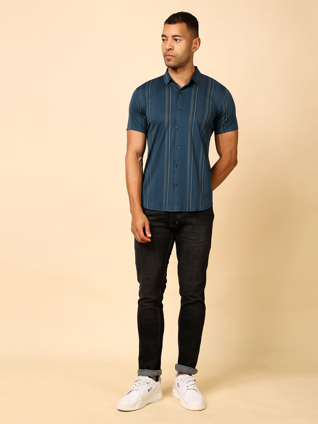 Stylox Men’s Slim-Fit Stretchable Striped Half-Sleeve Shirt – Casual &amp; Comfy