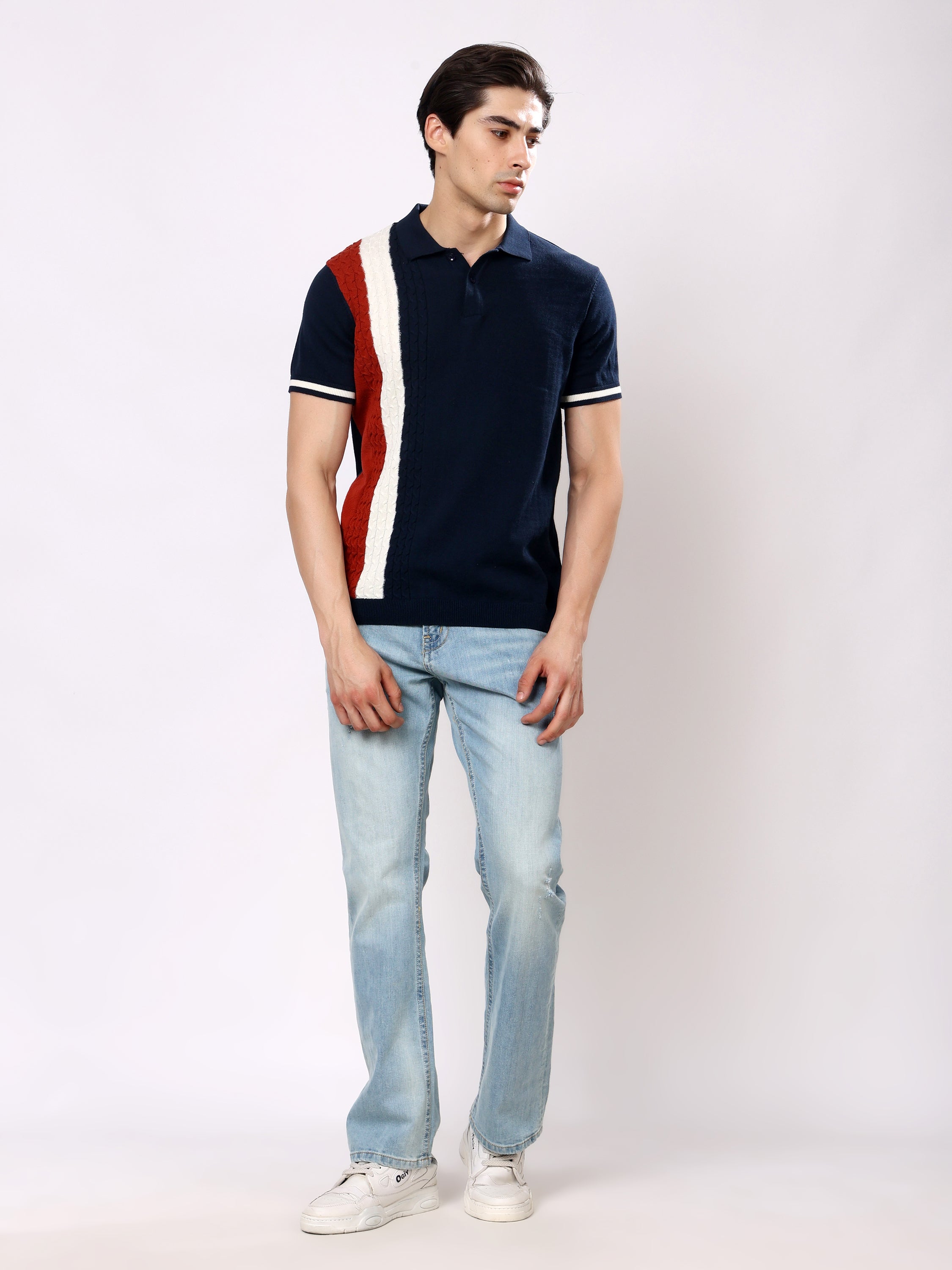 Stylox Men's Regular Fit Half Sleeve Navy Knitted Color Block Polo Tee