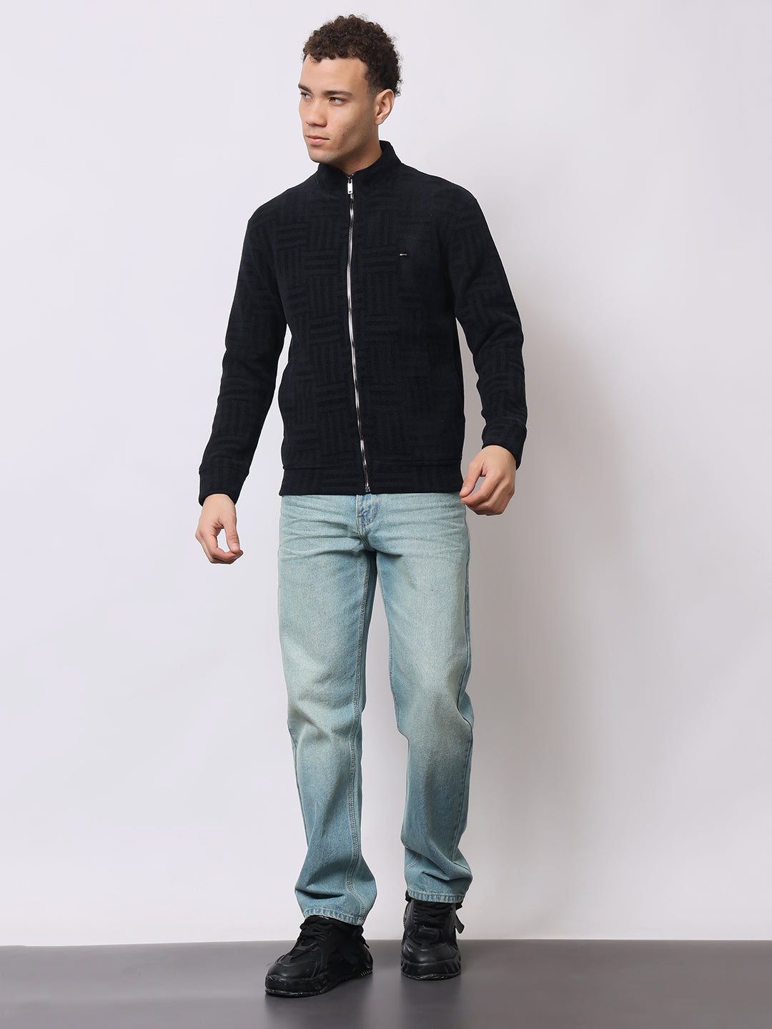 Stylox Men’s Black Textured Full-Zip Winter Jacket – Warm Fleece-Lined High Neck Sweatshirt for Casual Wear