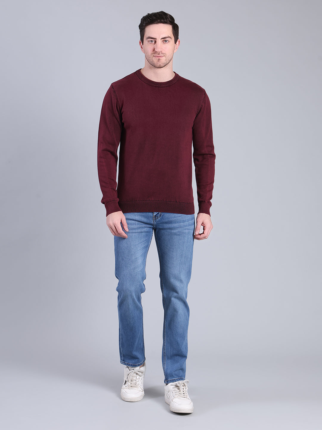 Stylox Men’s Full Sleeve Round Neck Sweater | Solid Slim Fit Knitted Winter Pullover (Wine)