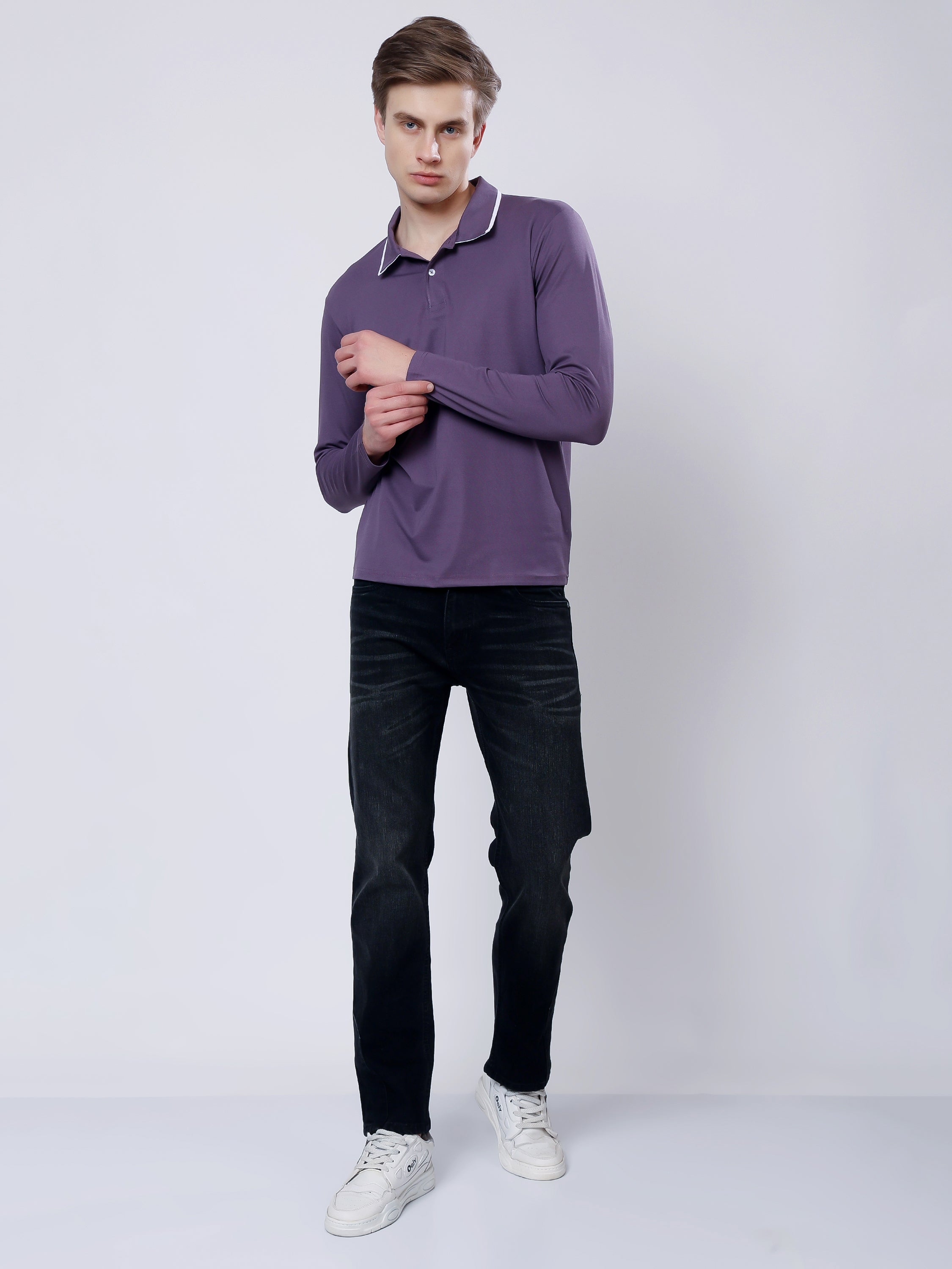 Stylox Men’s Regular Fit Solid Full Sleeve Polo T-Shirt with Contrast Collar - Stylox