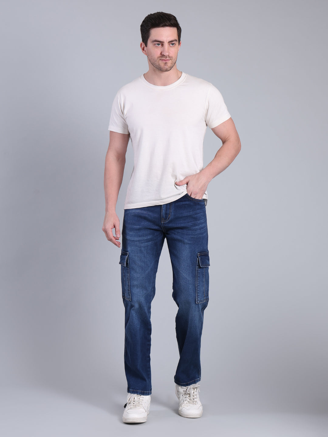 Stylox Men’s Cargo Jeans with Utility Pockets | Regular Fit Stretch Denim