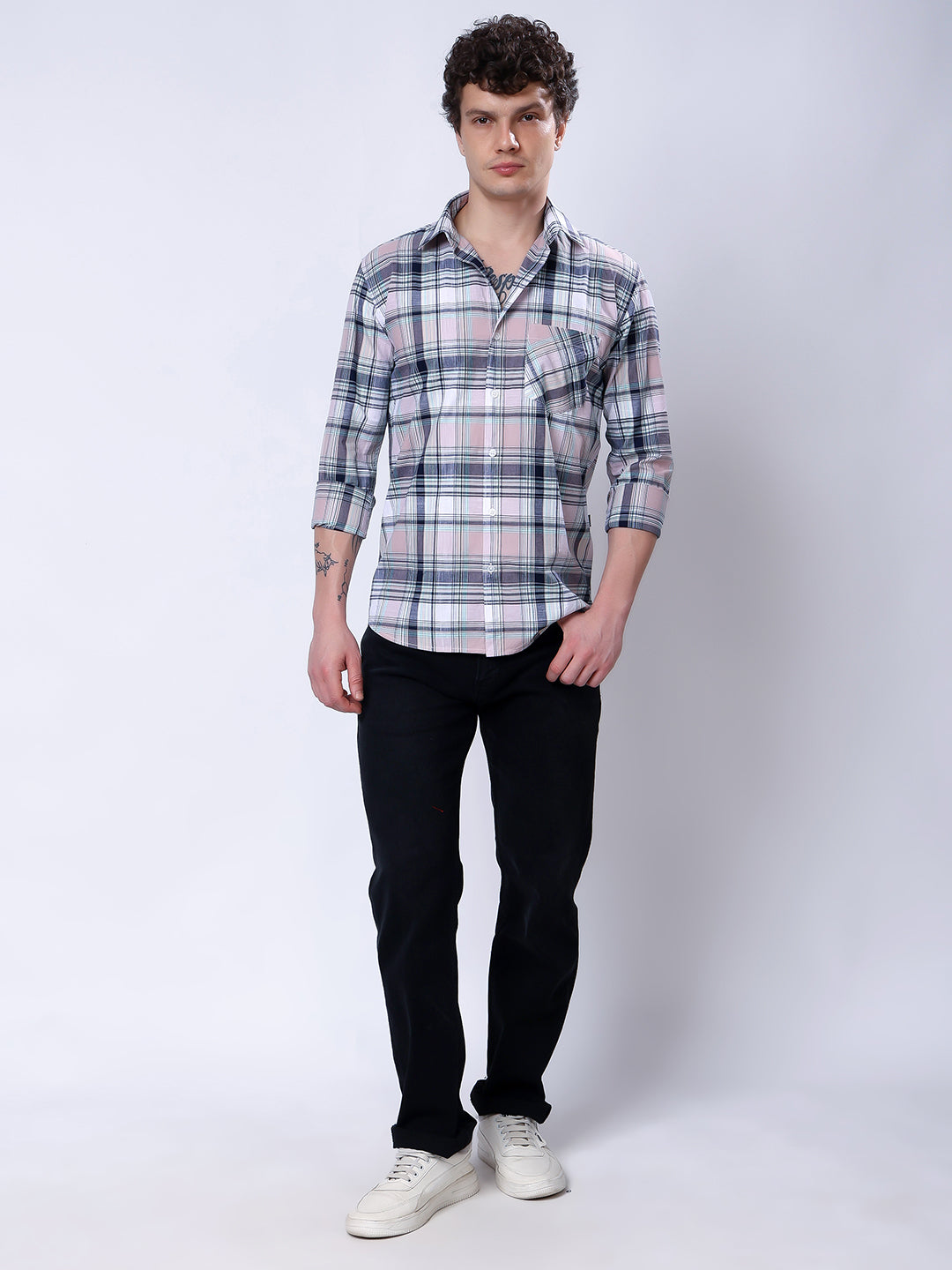 Stylox Men’s Regular Fit Full Sleeve Casual Check Shirt–Coral &amp; Grey - Stylox