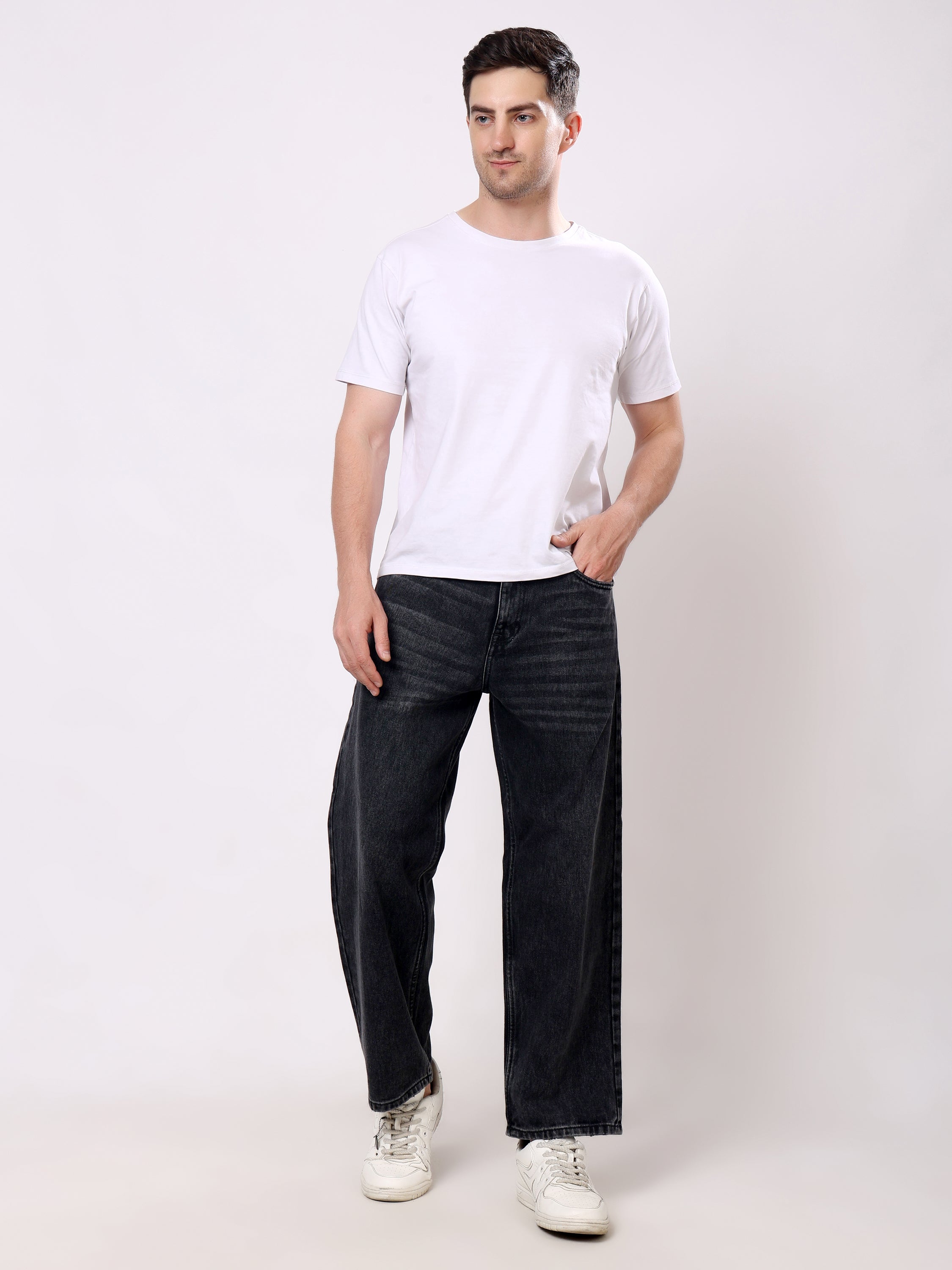 Stylox Men's Black Super Baggy Fit Non-Stretchable Denim Jeans
