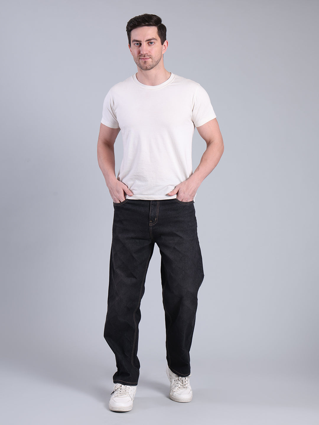 Stylox Men’s Loose Fit Mid-Rise Black Washed Denim Jeans - Stylox