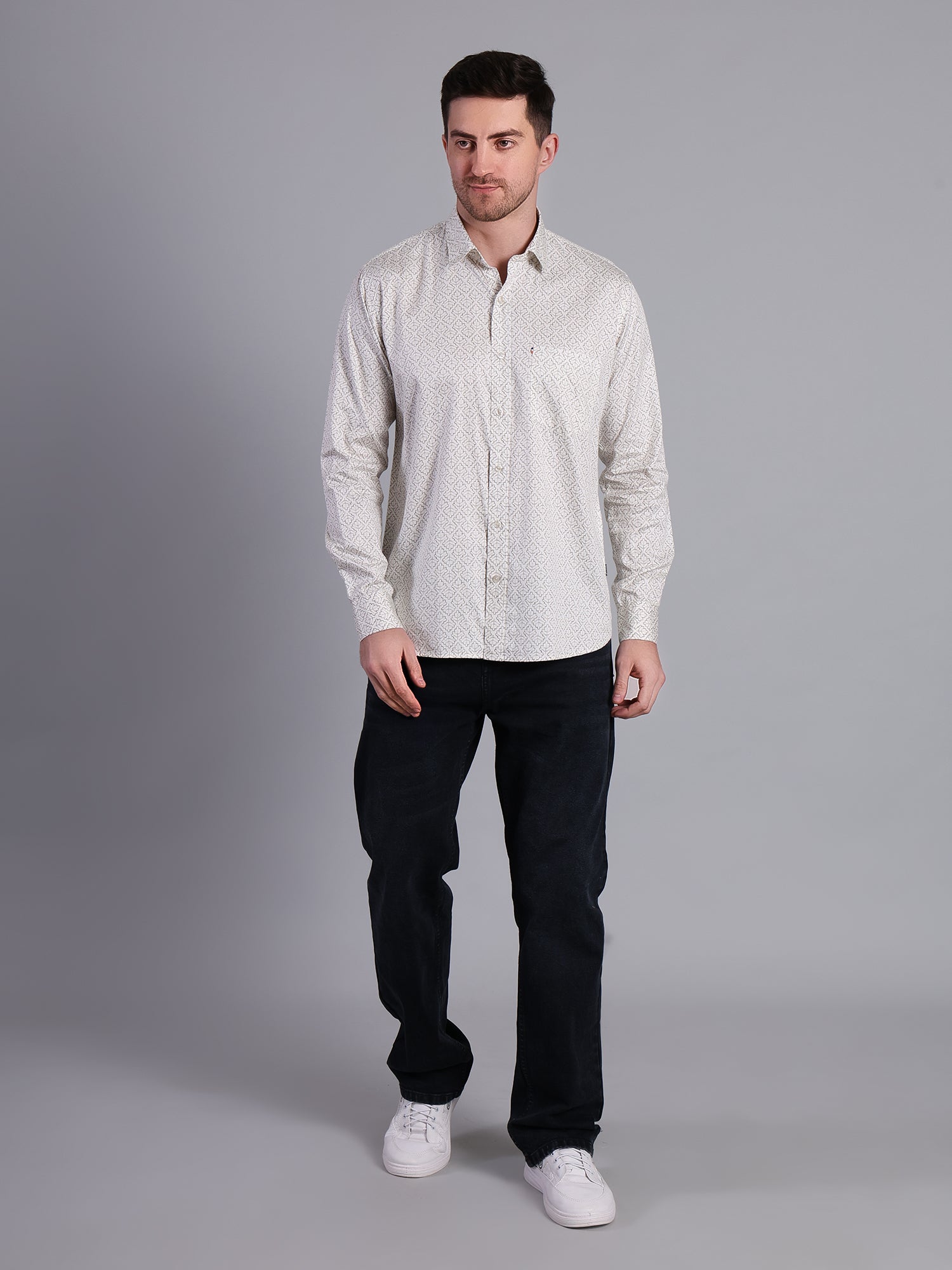 Stylox Men’s Regular Fit Full Sleeve Leaf Print Casual Cotton Shirt-Off White - Stylox