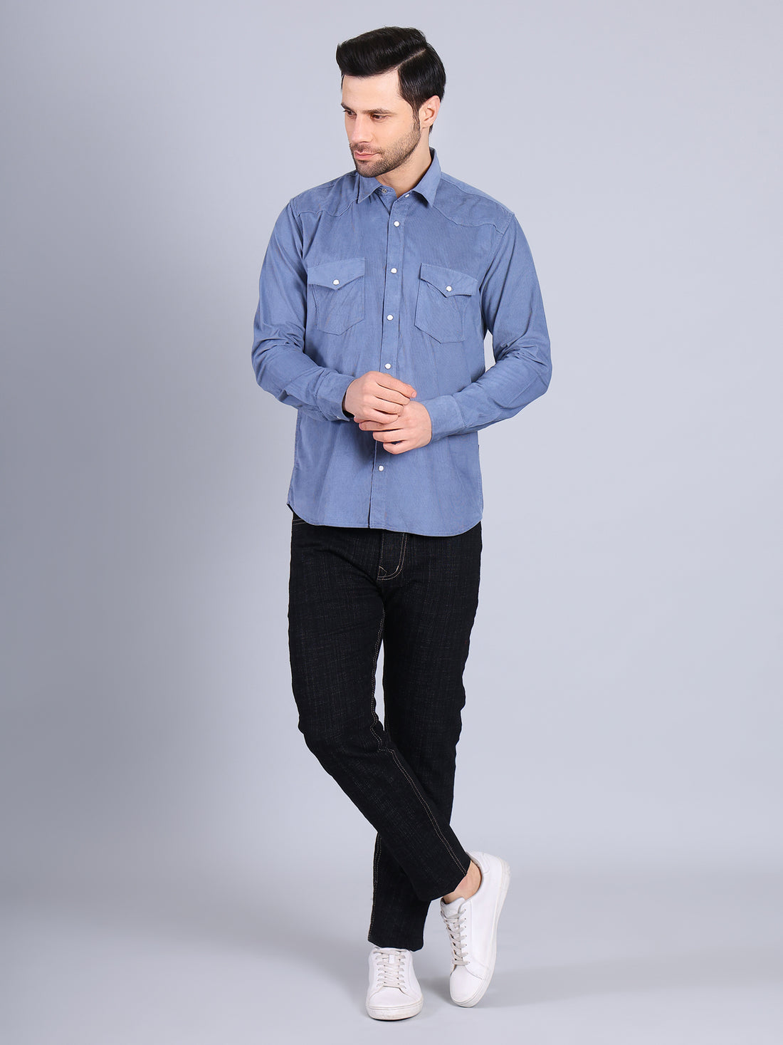 Stylox Men’s Regular Fit Full Sleeve Solid Casual Corduroy Shirt with Double Chest Pocket (Blue)