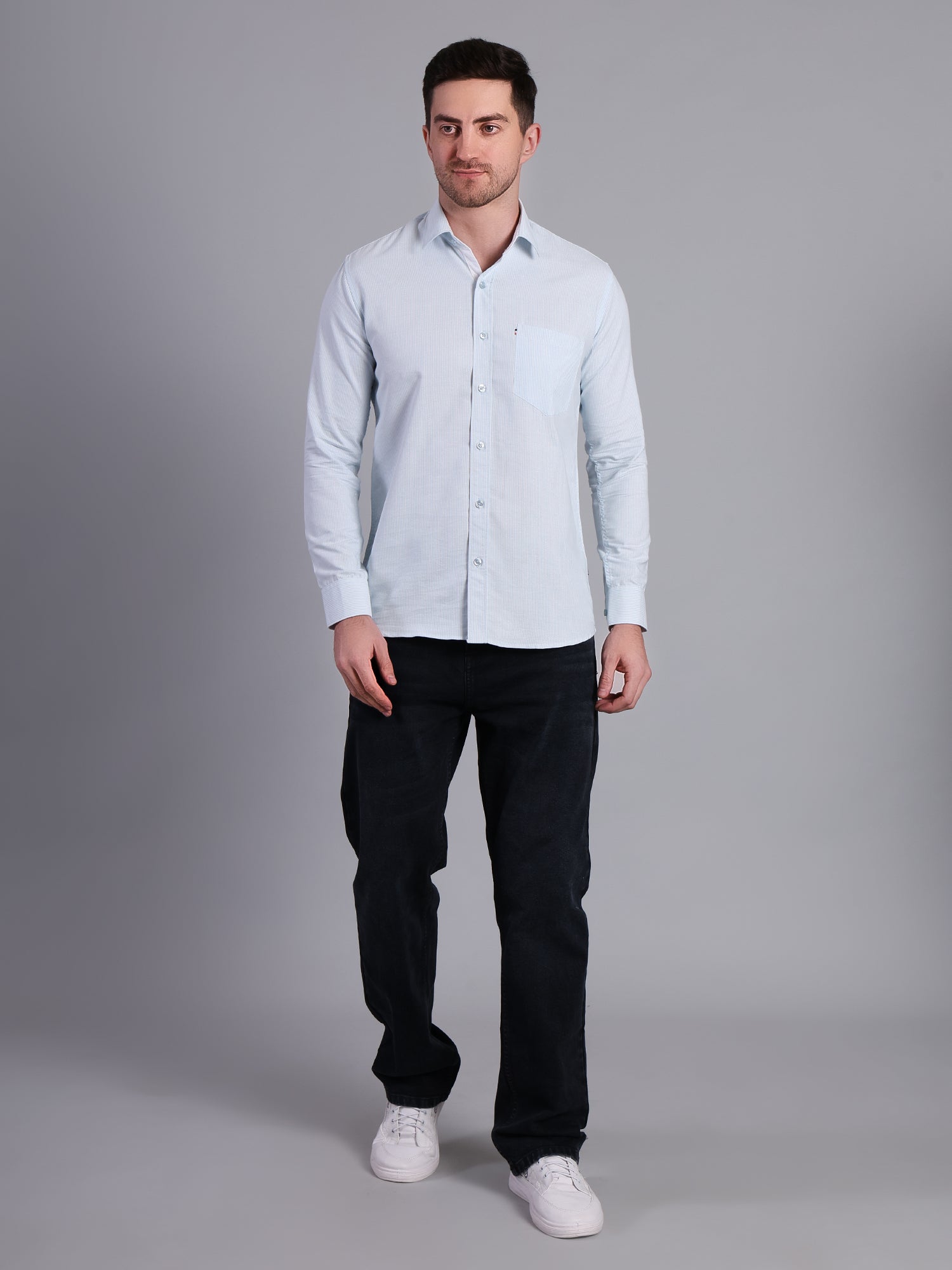 Stylox Men’s Green Striped Casual Shirt | Regular Fit Cotton Shirt for Men-Sky Blue - Stylox