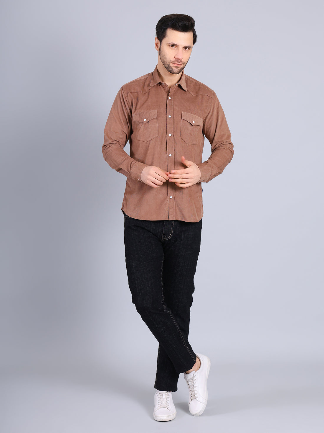Stylox Men’s Regular Fit Full Sleeve Solid Casual Corduroy Shirt with Double Chest Pocket (Dark Beige)