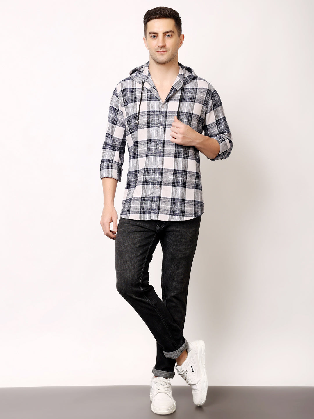 Stylox Men’s Regular Fit Hooded Check Shirt | Full Sleeve Cotton Blend Casual Checkered Shirt - Stylox