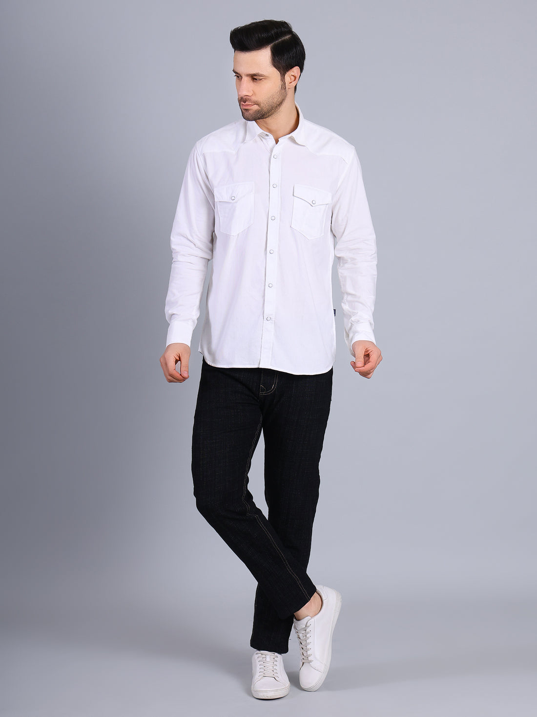 Stylox Men’s Regular Fit Full Sleeve Solid Casual Corduroy Shirt with Double Chest Pocket (White)