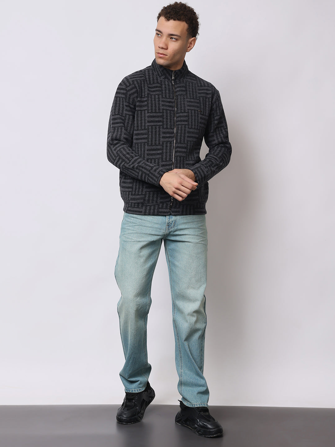 Stylox Men’s Black Textured Full-Zip Winter Jacket – Warm Fleece-Lined High Neck Sweatshirt for Casual Wear