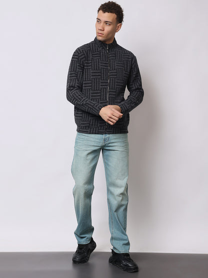 Stylox Men’s Black Textured Full-Zip Winter Jacket – Warm Fleece-Lined High Neck Sweatshirt for Casual Wear