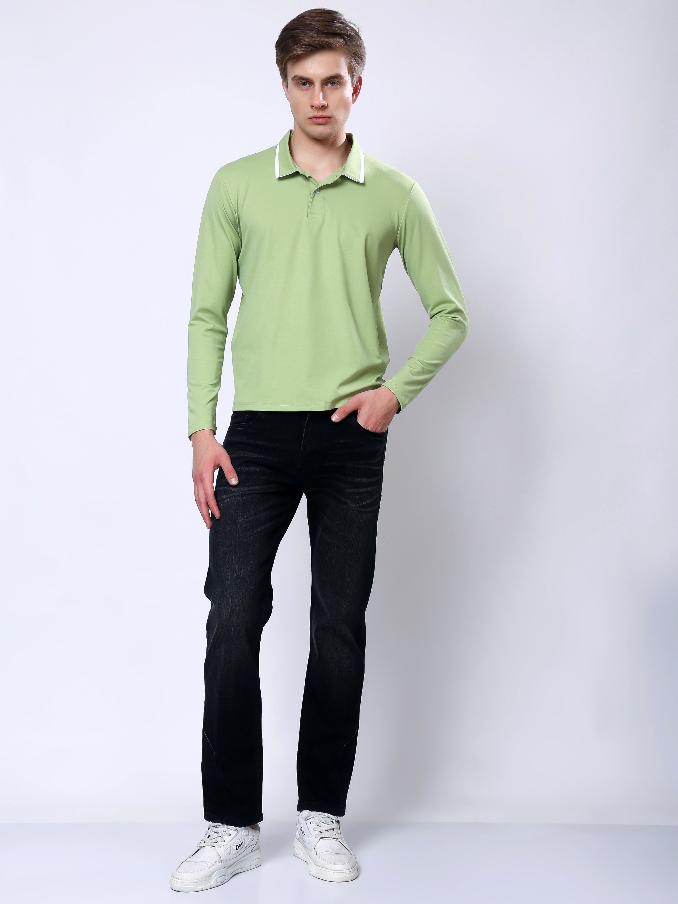 Stylox Men’s Regular Fit Solid Full Sleeve Polo T-Shirt with Contrast Collar - Stylox