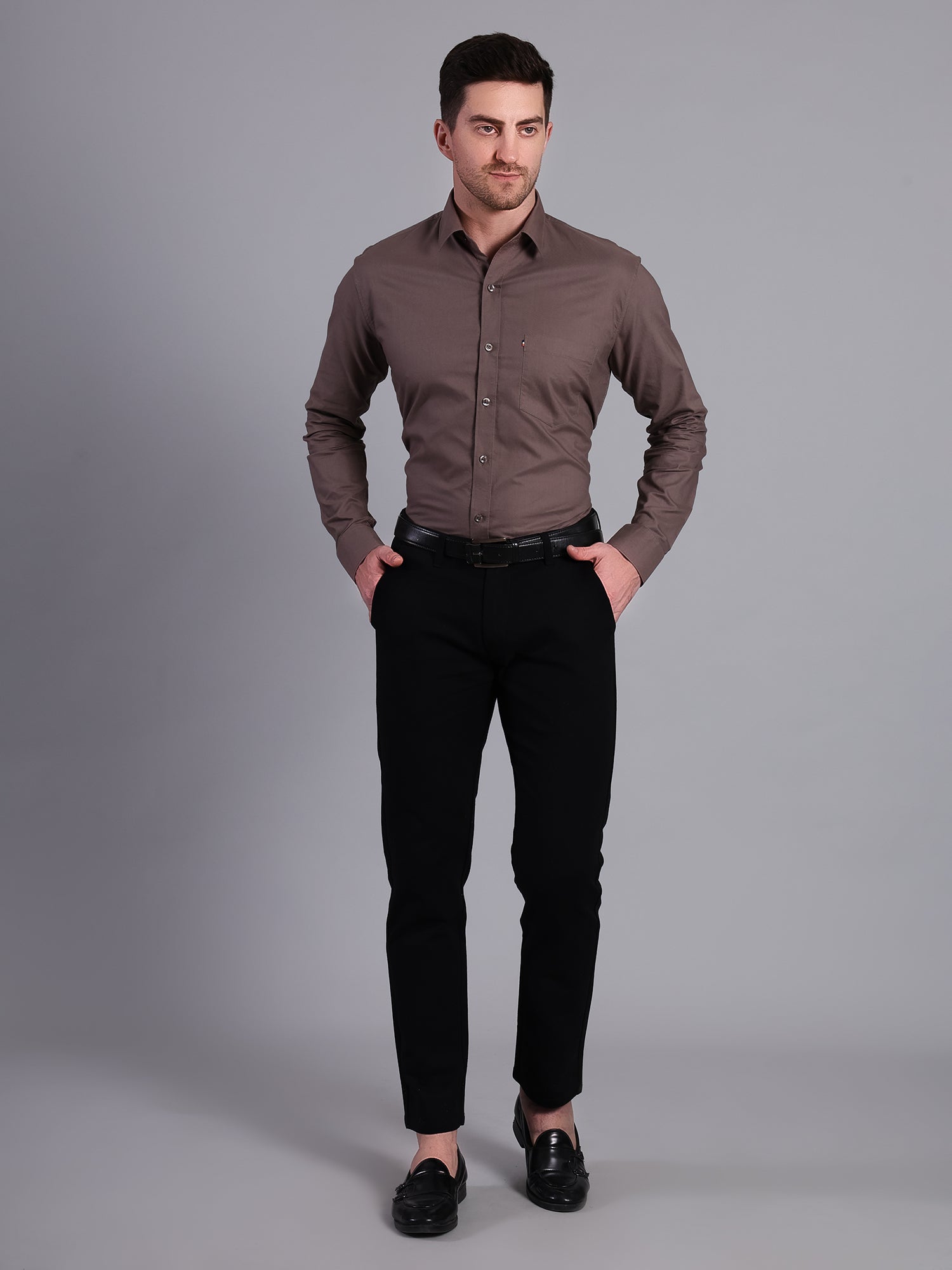 Stylox Men’s Regular Fit Solid Oxford Casual Shirt-Taupe - Stylox