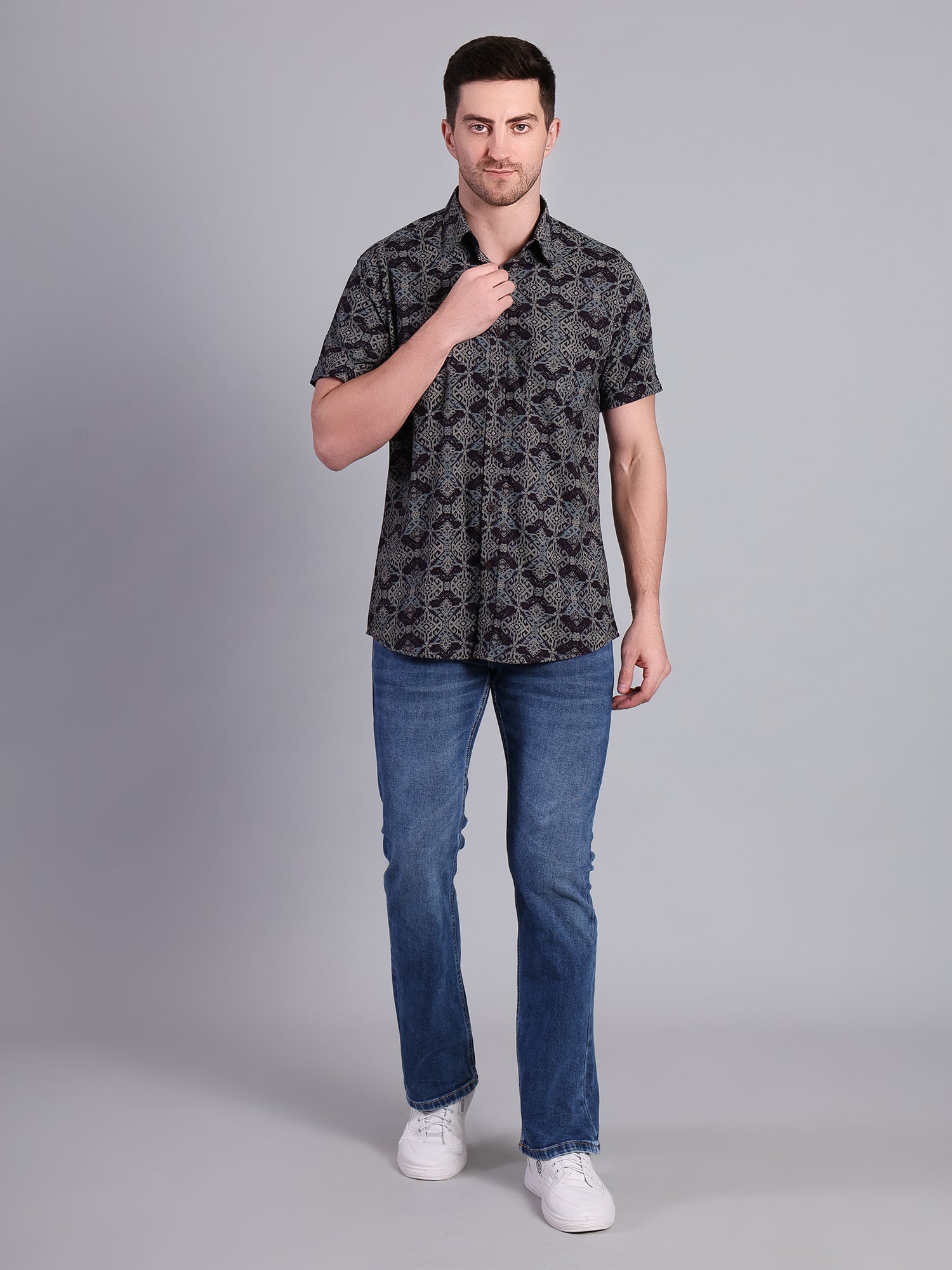 Stylox Men’s Regular Fit Geometric Printed Half Sleeve Casual Shirt-Violet - Stylox