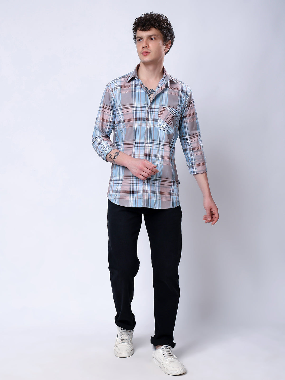 Stylox Men’s Regular Fit Full Sleeve Casual Check Shirt–Light Brown &amp; Light Blue - Stylox