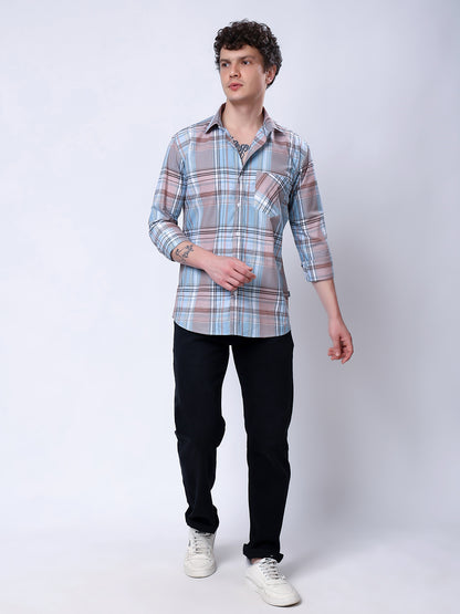 Stylox Men’s Regular Fit Full Sleeve Casual Check Shirt–Light Brown &amp; Light Blue - Stylox