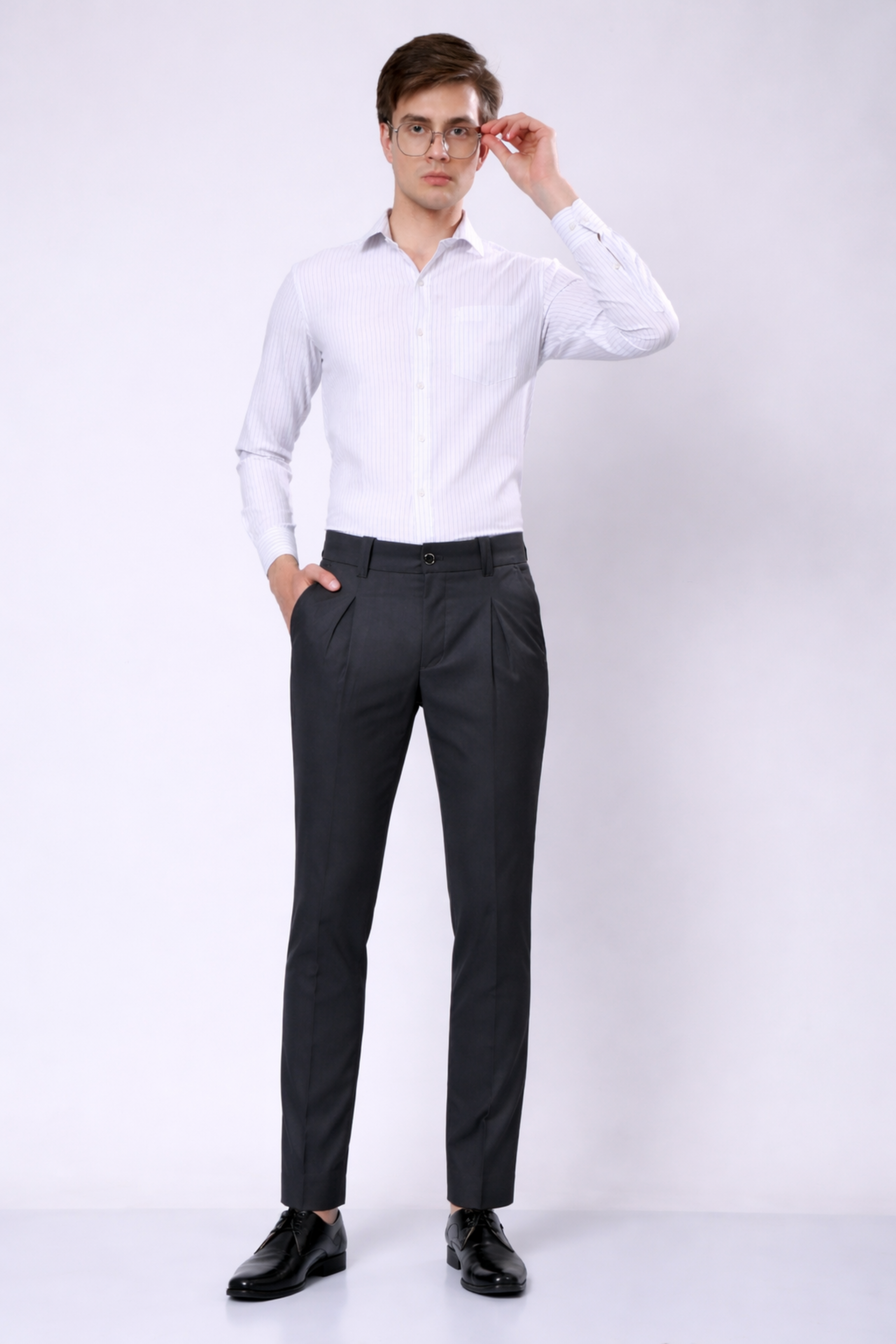 Stylox Men’s Slim Fit Pleated Formal Trousers – Premium Office Wear Pants with Side Pockets-Dark Grey - Stylox