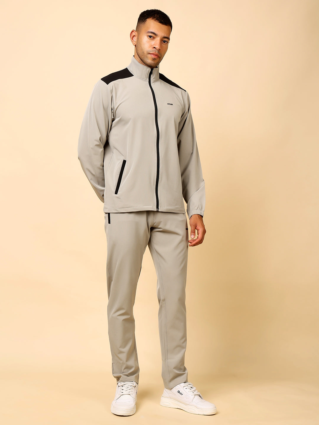 Stylox Men’s Solid Tracksuit | Full Zip High Neck Jacket &amp; Jogger Pants Set | Premium Polyester Activewear for Gym, Sports &amp; Casual Wear (Light Grey)