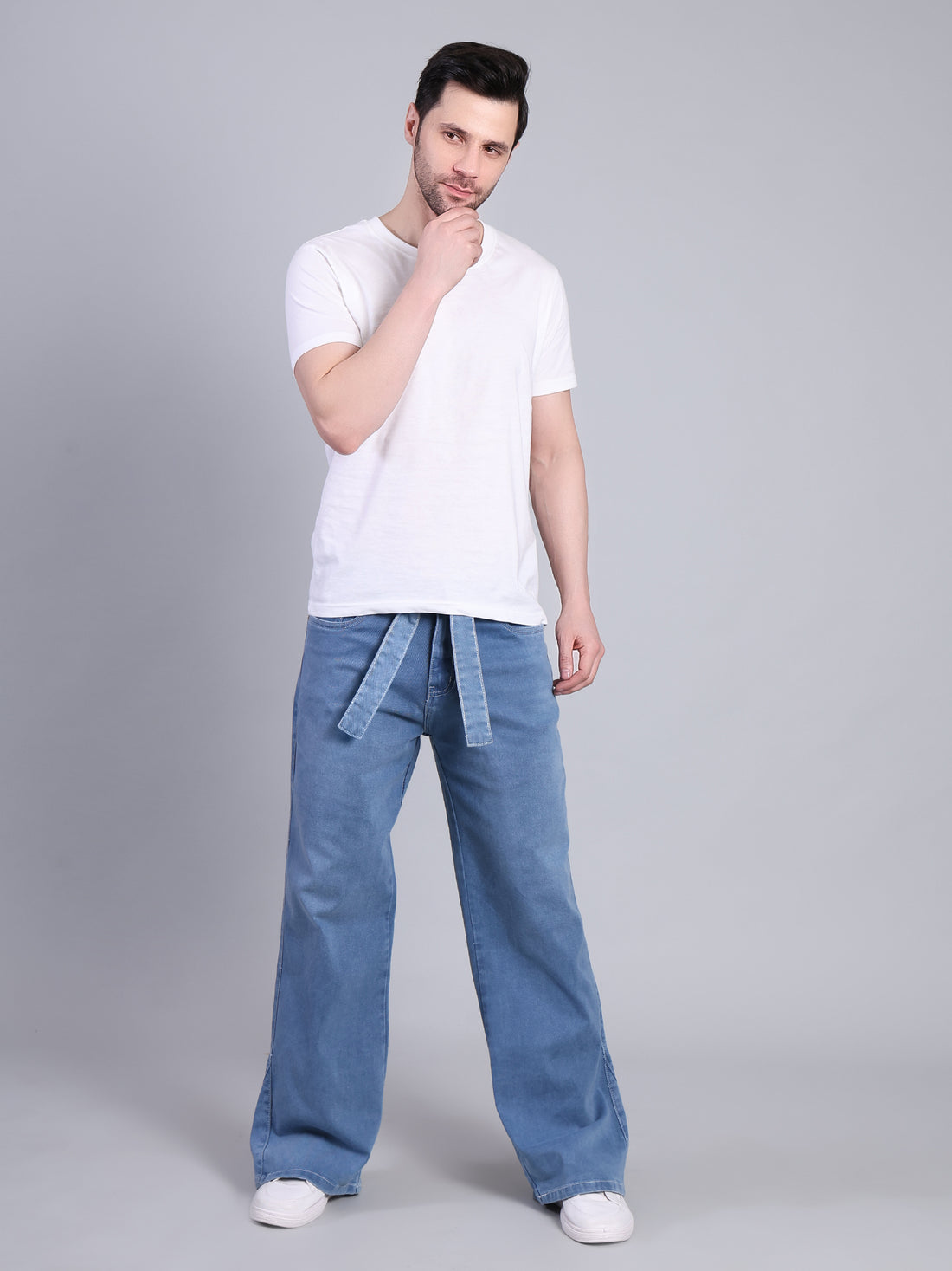 Stylox Men’s Baggy Fit Non-Stretch Rigid Denim Wide Leg Jeans with Tie Belt-Light Blue - Stylox