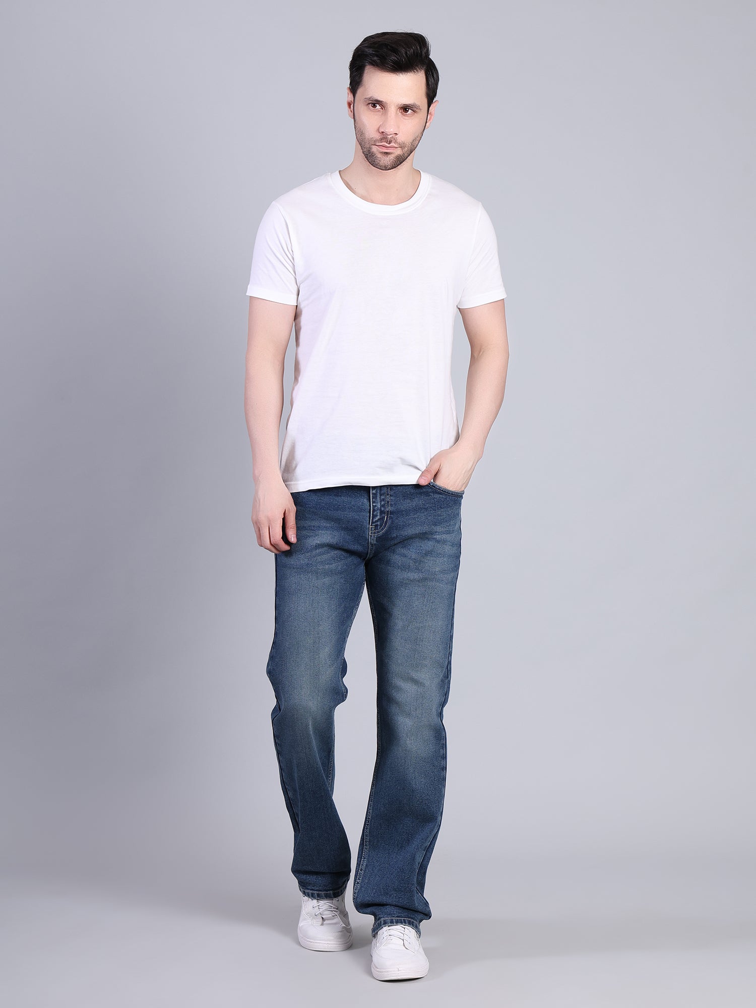 Stylox Men’s Mid-Rise Straight Fit Classic Washed Stretched Denim Jeans-Greenish Blue - Stylox