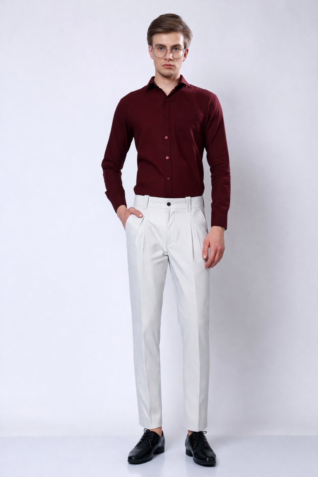 Stylox Men’s Slim Fit Pleated Formal Trousers – Premium Office Wear Pants with Side Pockets-White