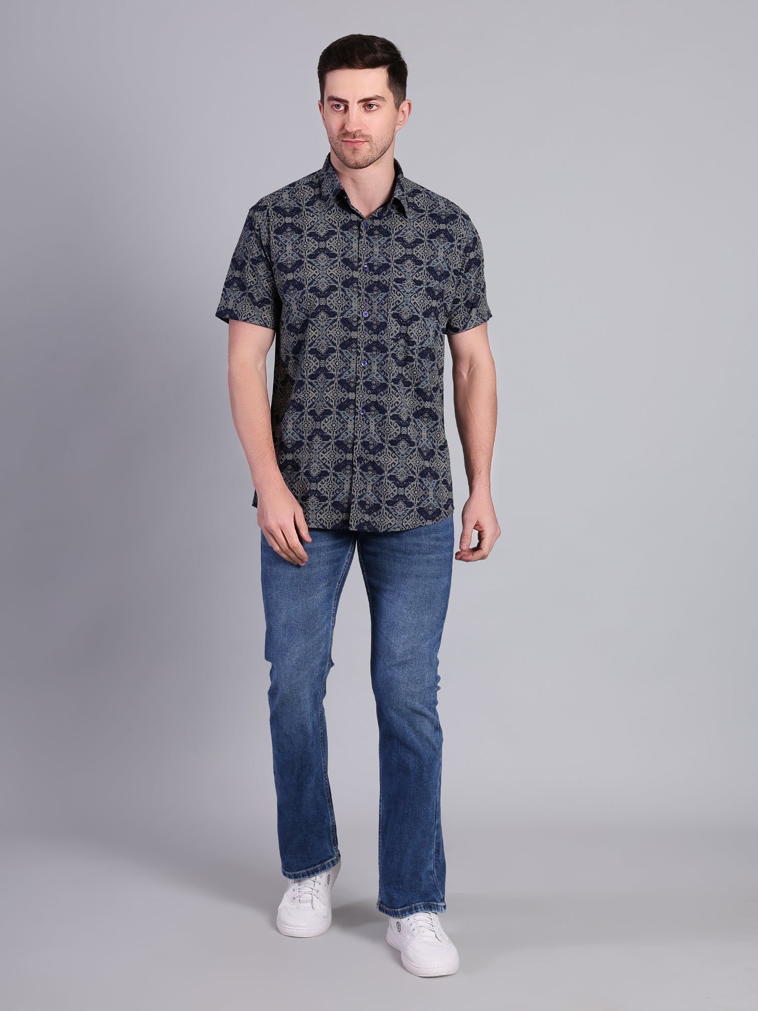 Stylox Men’s Regular Fit Geometric Printed Half Sleeve Casual Shirt-Blue - Stylox