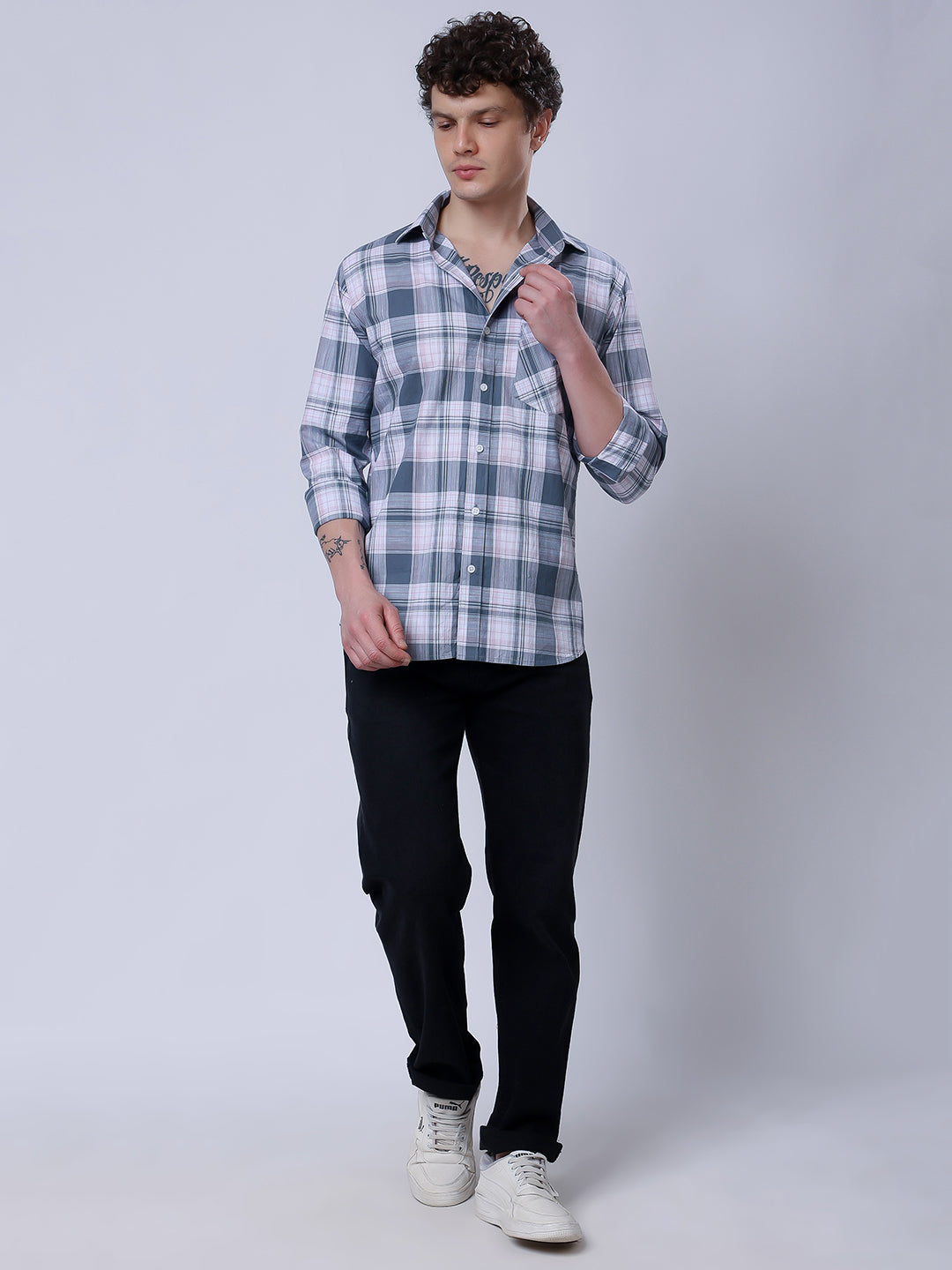 Stylox Men’s Regular Fit Full Sleeve Casual Check Shirt–Grey &amp; Coral - Stylox