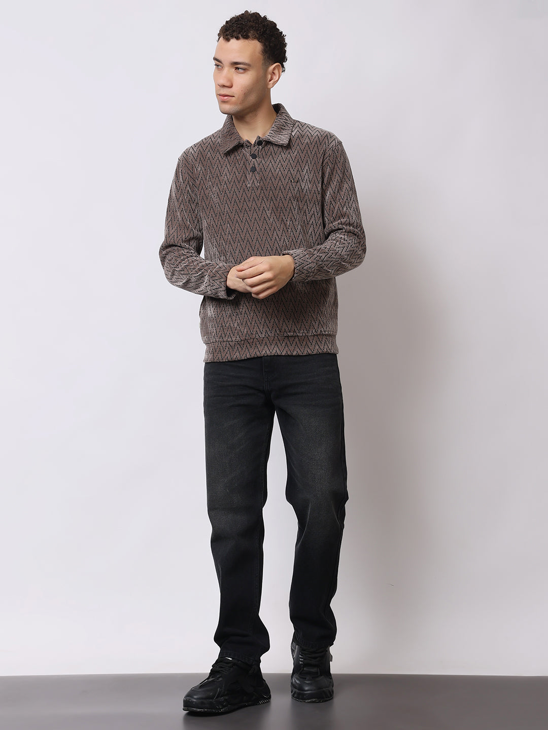 Stylox Men’s Textured Winter Sweatshirt – Chevron Pattern Pullover with Collar & Button Placket