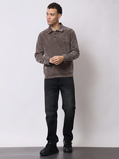 Stylox Men’s Textured Winter Sweatshirt – Chevron Pattern Pullover with Collar &amp; Button Placket