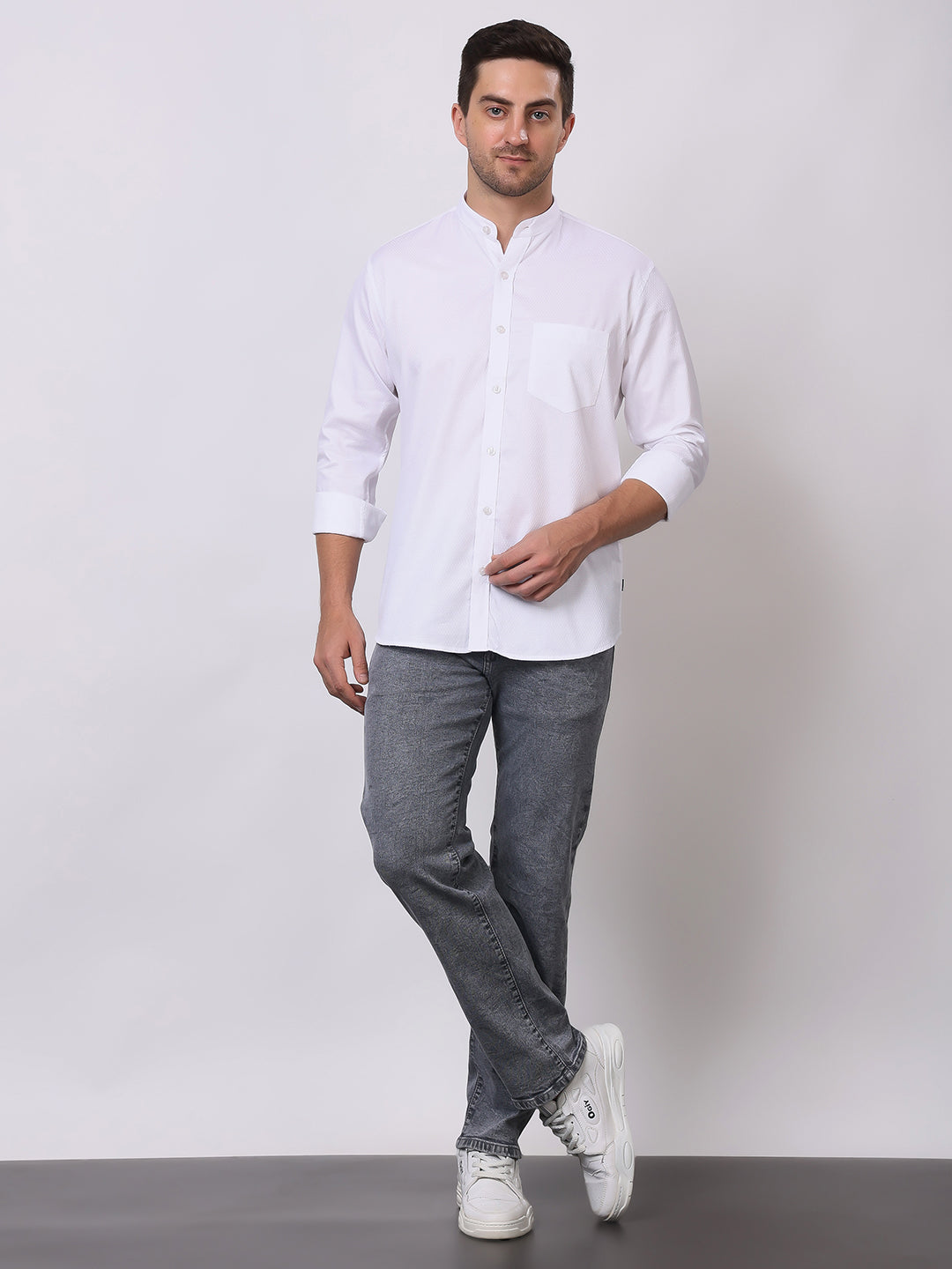 Stylox Men's Full Sleeve Solid White Casual Shirt with Mandarin Collar – Premium Cotton Blend Regular Fit Shirt for Smart & Minimal Everyday Style - Stylox