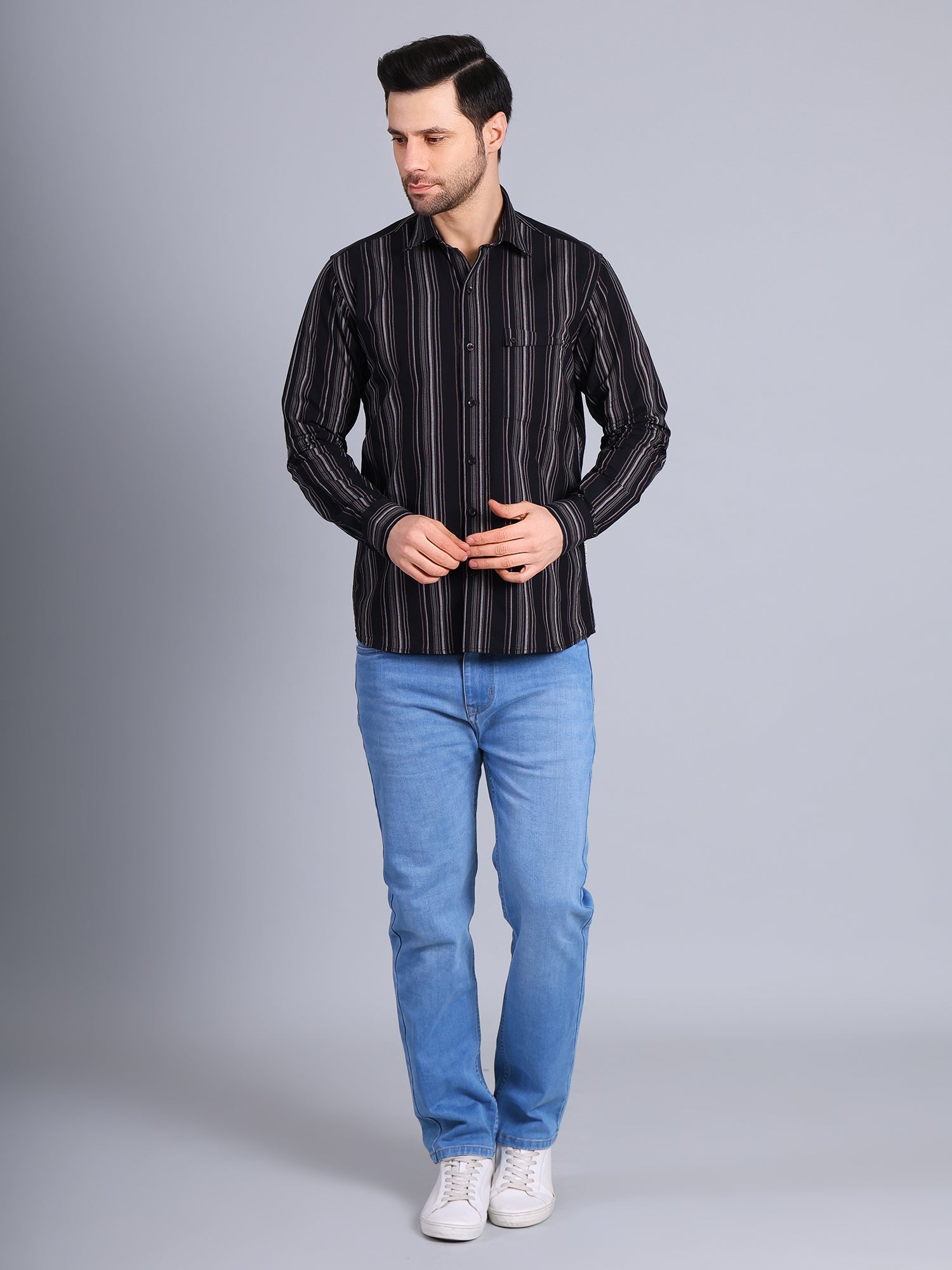 Stylox Men’s Regular Fit Full Sleeve Stripes Casual Shirt for Everyday & Office Wear (Black)