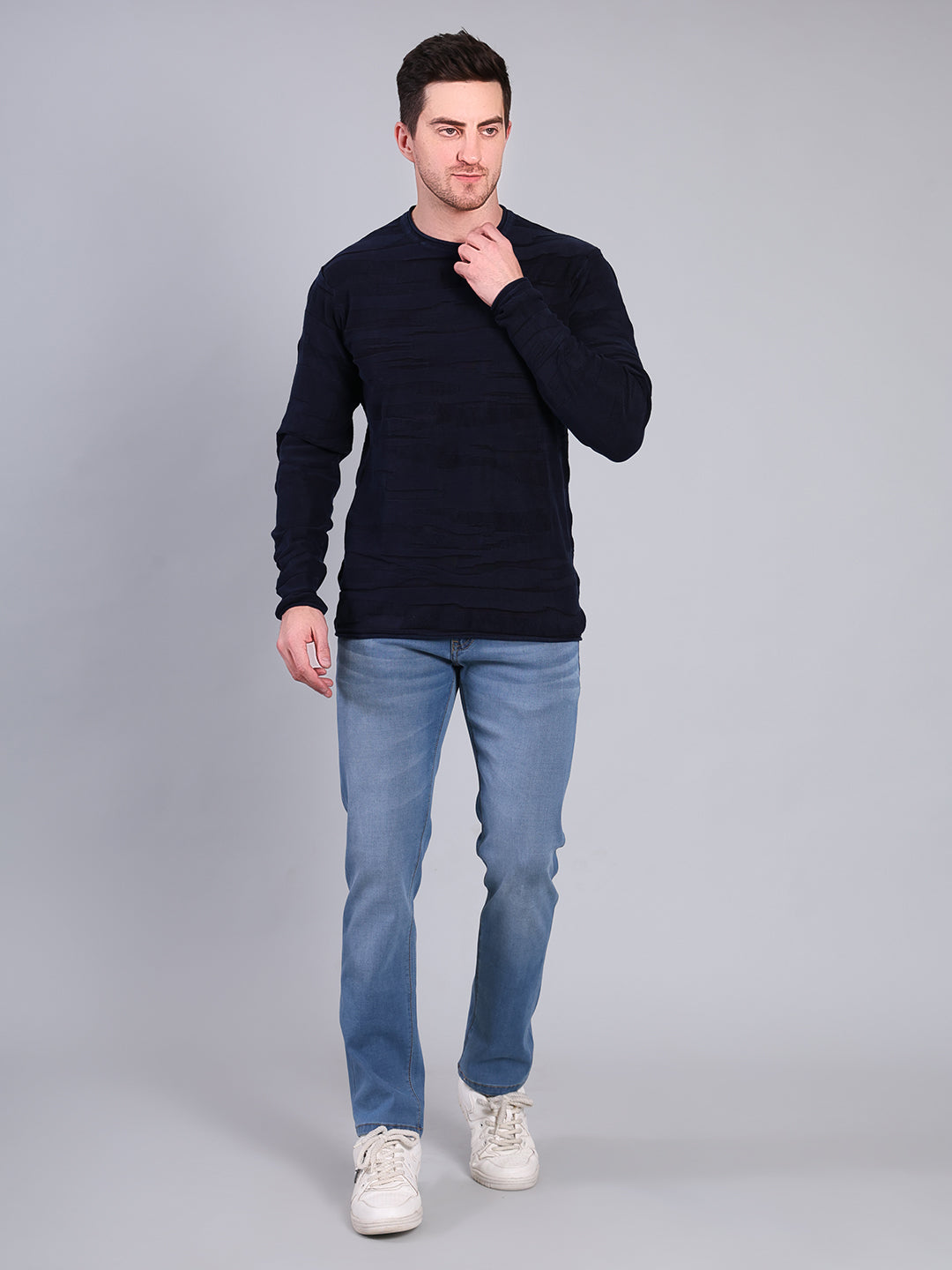 Stylox Men’s Textured Winter Sweater | Full Sleeve Crew Neck Knit Pullover | Premium Casual Wear (Navy) - Stylox