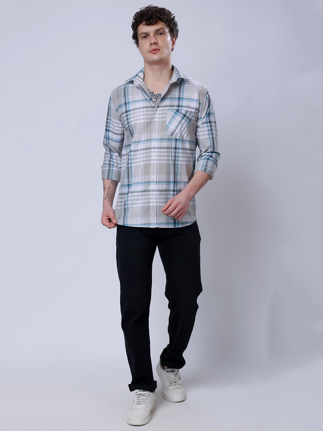 Stylox Men’s Regular Fit Full Sleeve Casual Check Shirt–Grey & Blue - Stylox