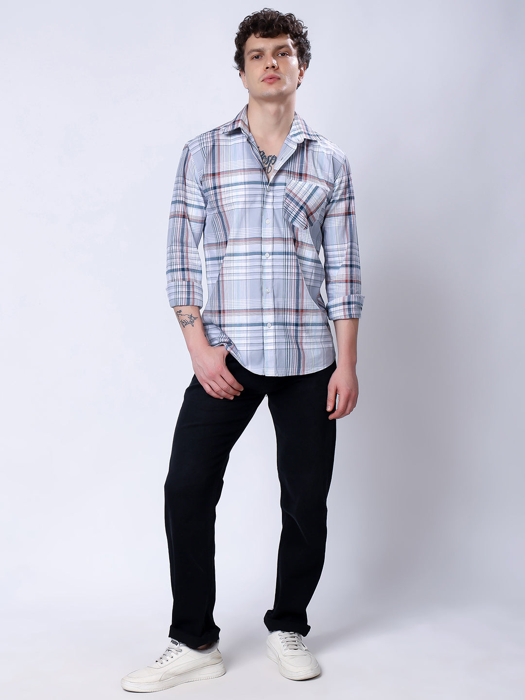 Stylox Men’s Regular Fit Full Sleeve Casual Check Shirt–Grey &amp; Brown - Stylox