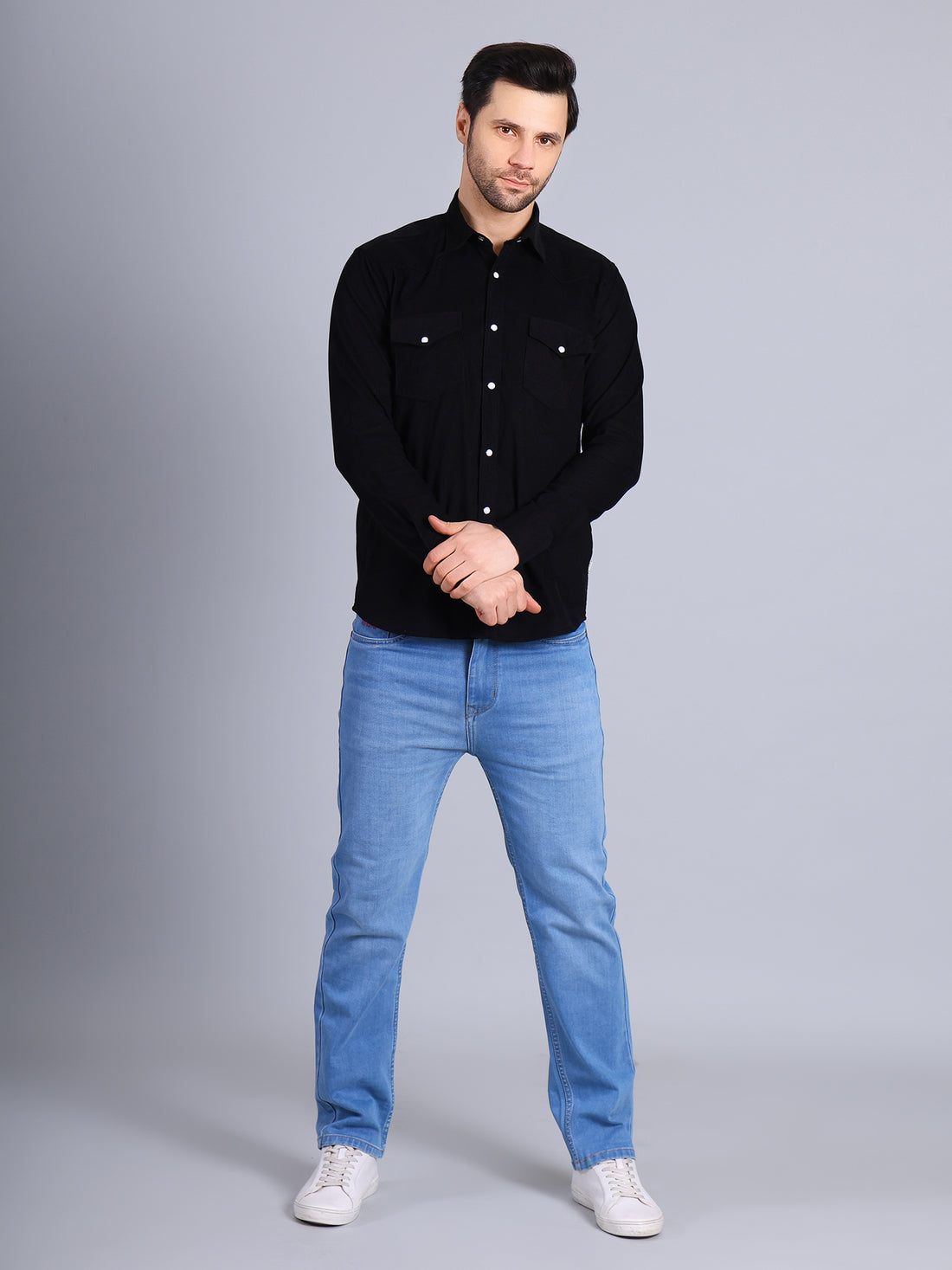 Stylox Men’s Regular Fit Full Sleeve Solid Casual Corduroy Shirt with Double Chest Pocket (Black)