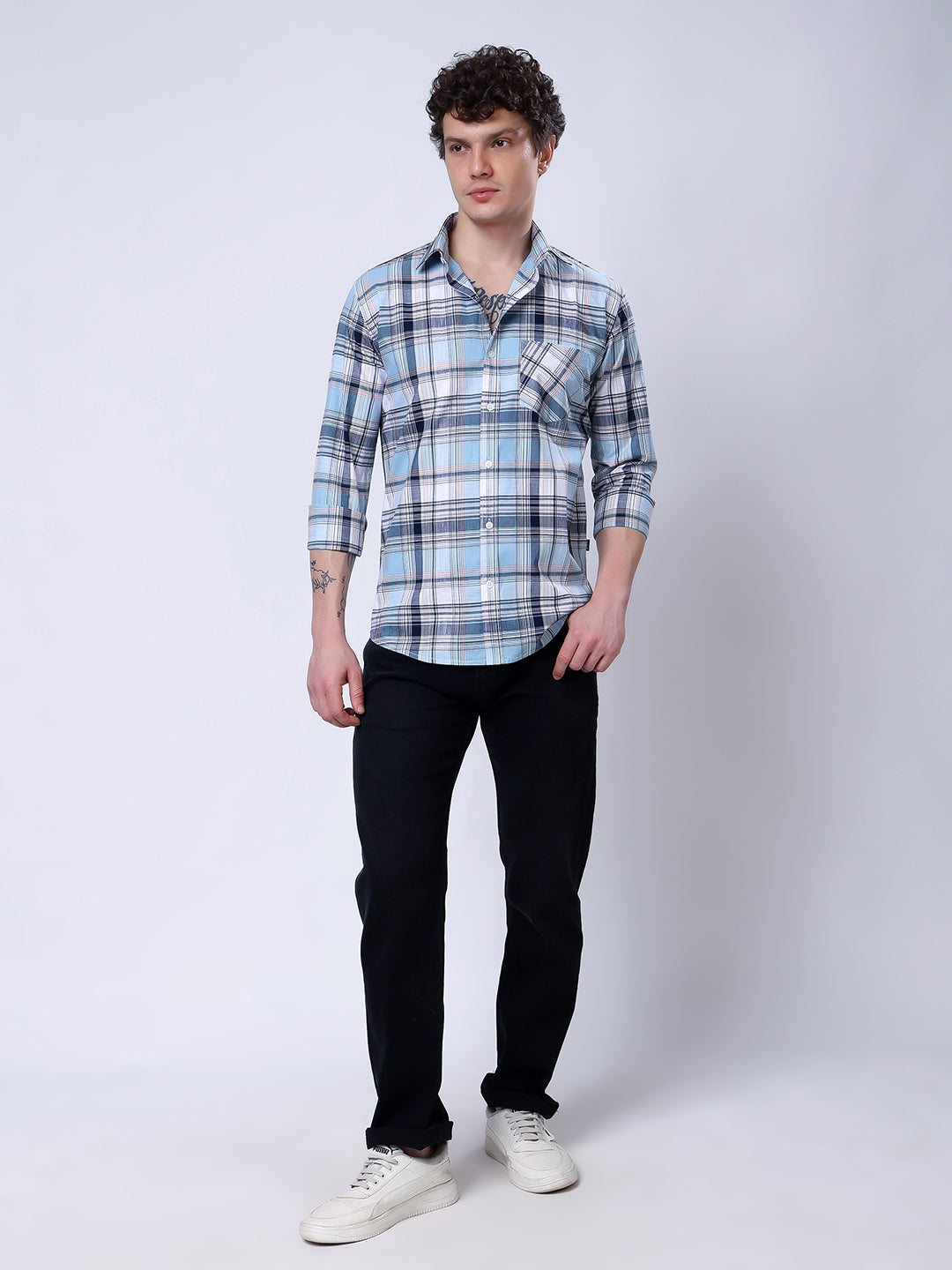 Stylox Men’s Regular Fit Full Sleeve Casual Check Shirt–Blue & Grey - Stylox