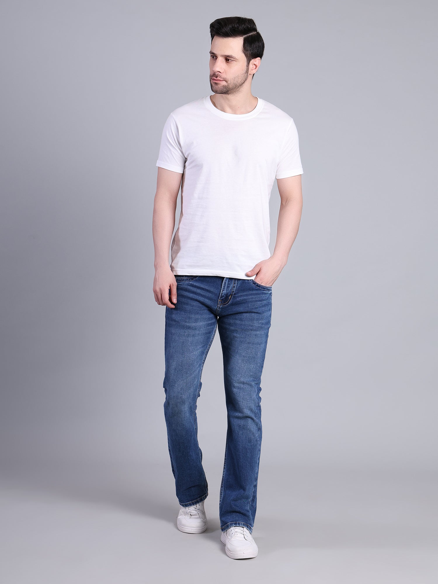 Stylox Men’s Bootcut Fit Non-Stretch Rigid Denim Jeans-Mid Dark Blue - Stylox
