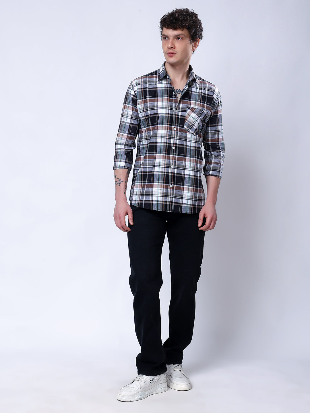 Stylox Men’s Regular Fit Full Sleeve Casual Check Shirt–Grey &amp; Black - Stylox