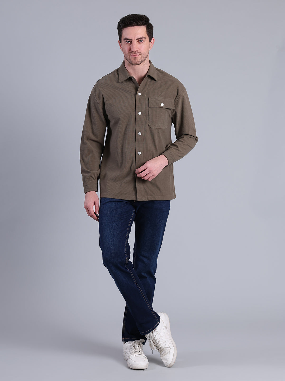 Stylox Men’s Textured Winter Shacket with Snap Button Closure (Olive)