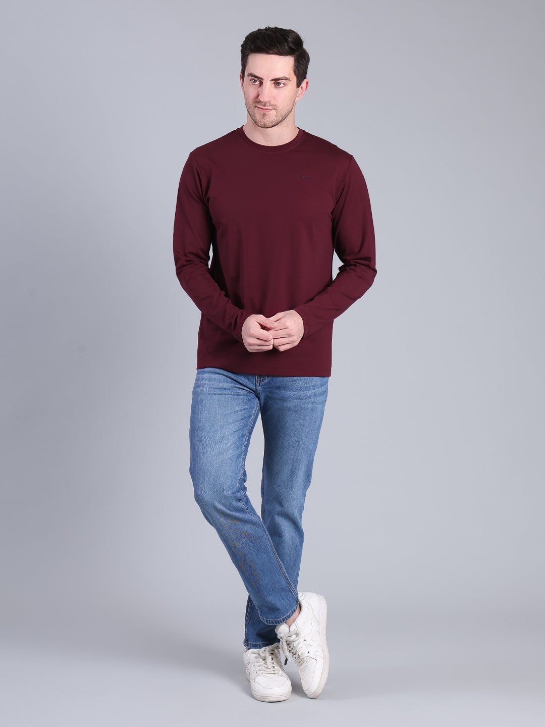 Stylox Men’s Full Sleeve Round Neck T-Shirt | Solid Slim Fit Cotton Blend Casual Tee